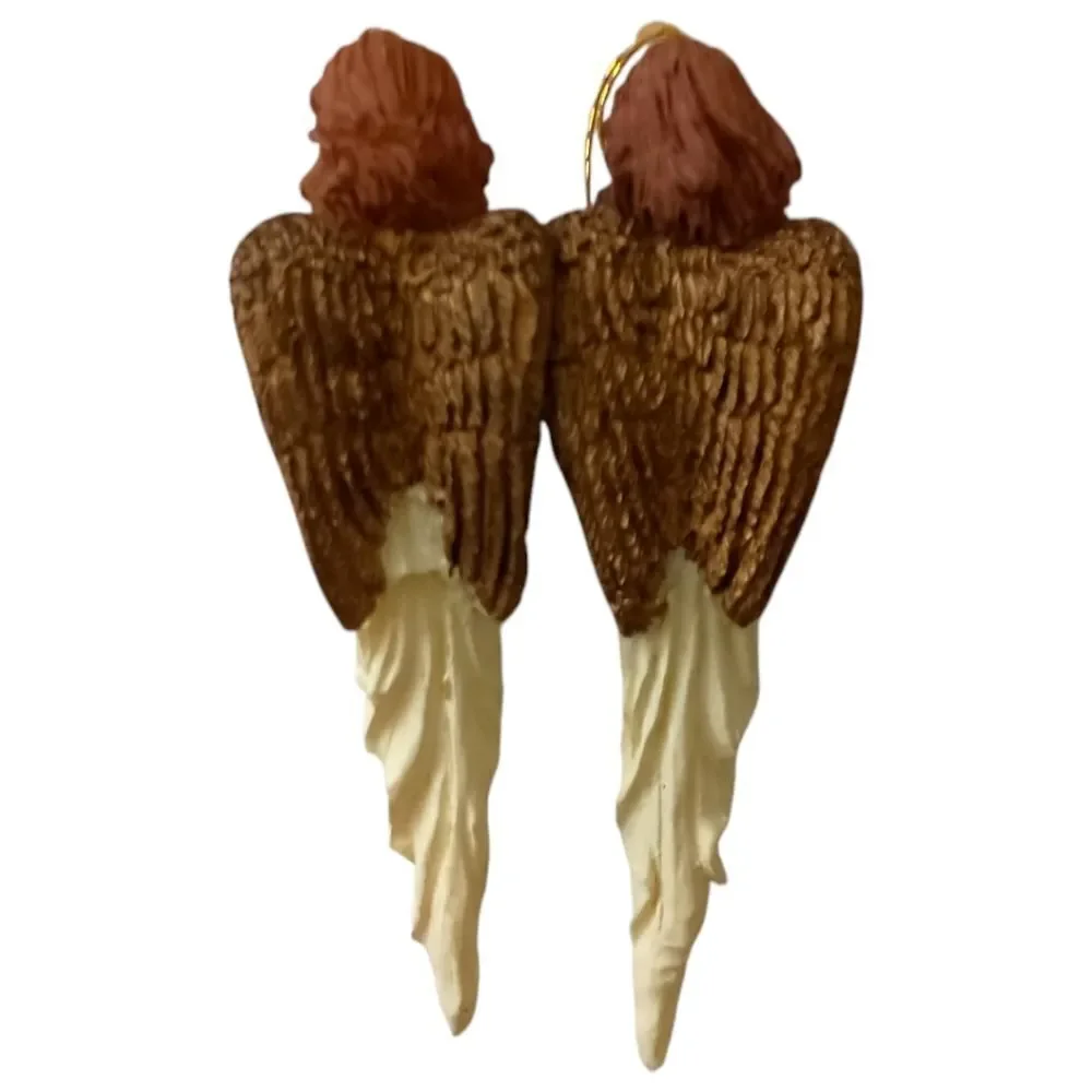 2 Angel Icicle Ornament Christmas Vintage 90s Resin Teardrop Holiday Ivory Gold.